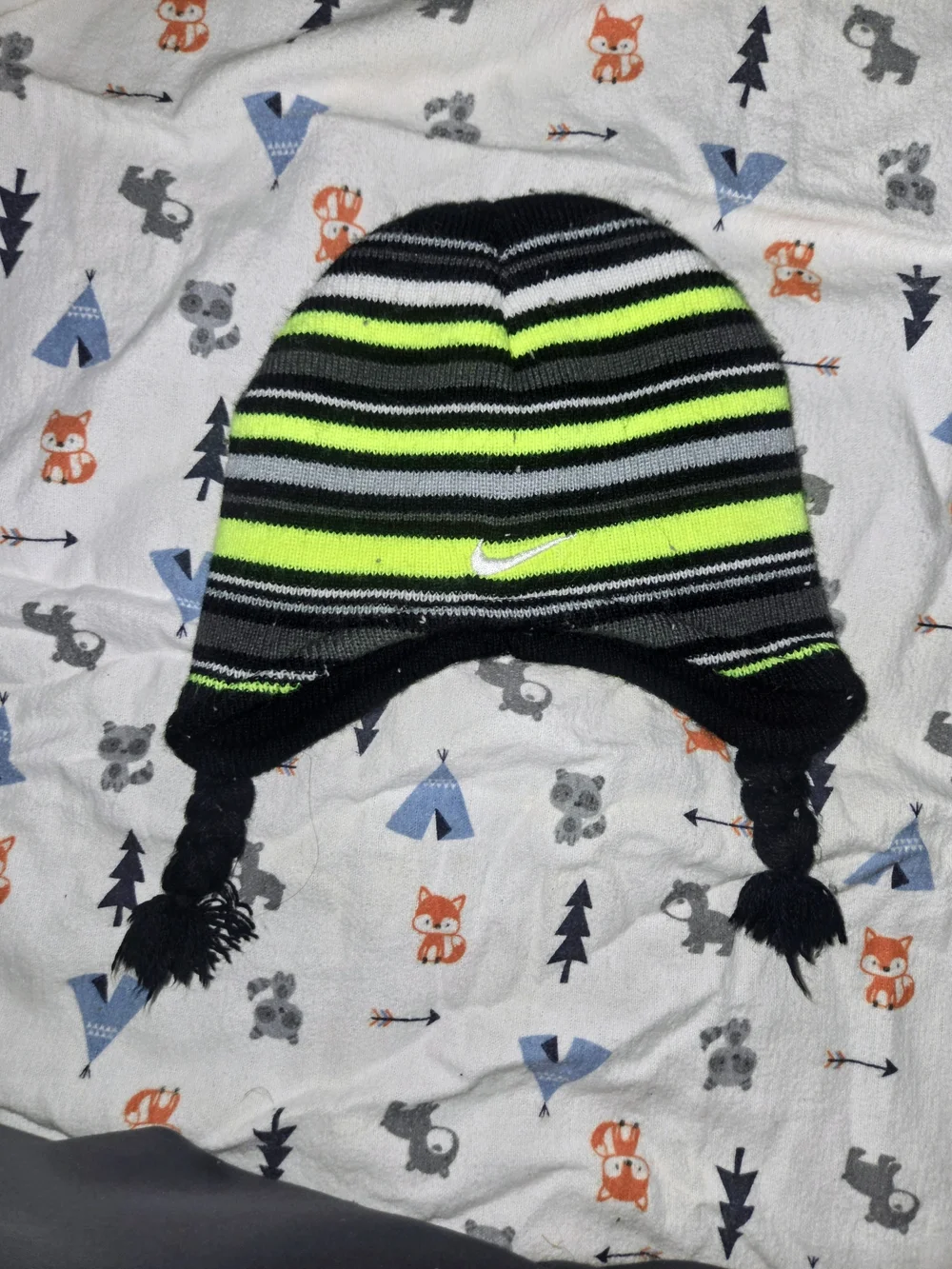 Nike Black, Neon Green & Gray Striped Earflap Beanie